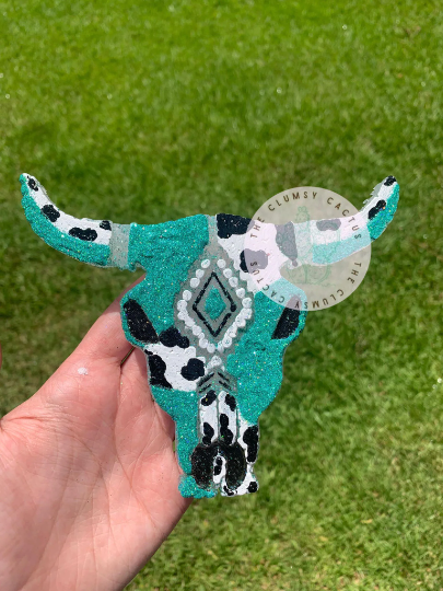 Teal Cow Print Bull Skull Car Freshie